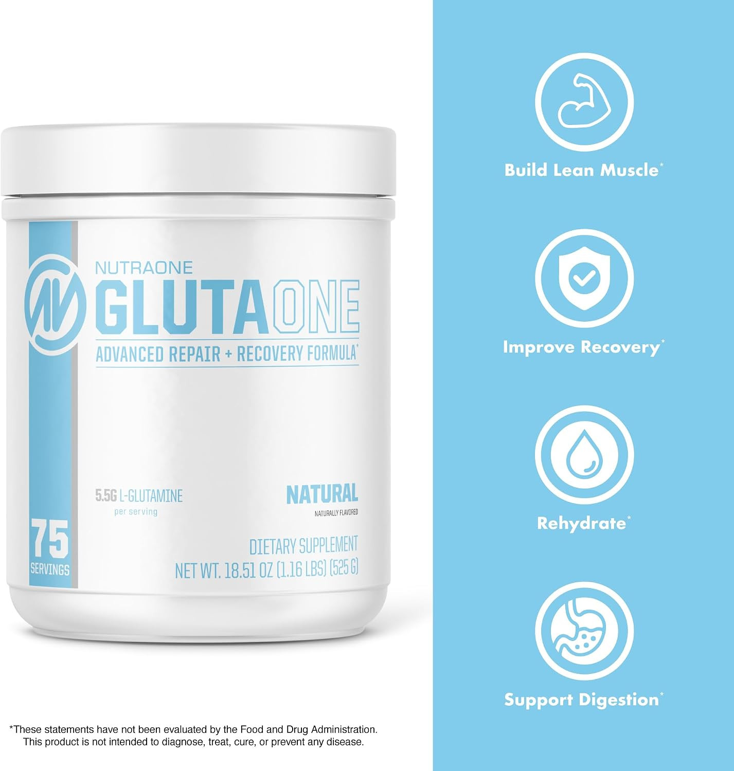 Glutaone L-Glutamine Powder Post Workout Recovery Supplement (75 Servings)