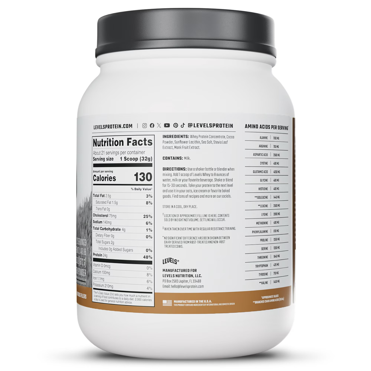 Levels Grass Fed Whey Protein Powder Double Chocolate 24g Protein 1.48 lb