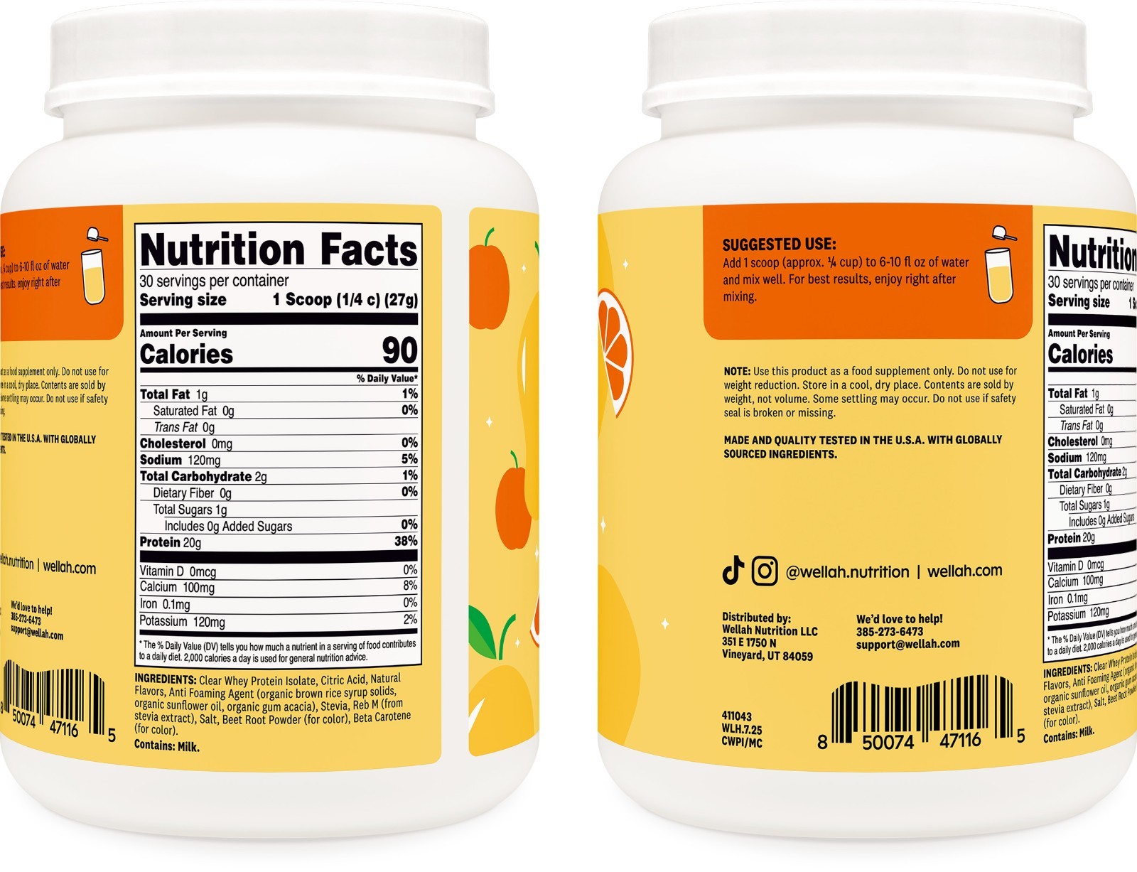 Wellah Clear Whey Protein Isolate Powder (Mango Clementine) 30 Servings