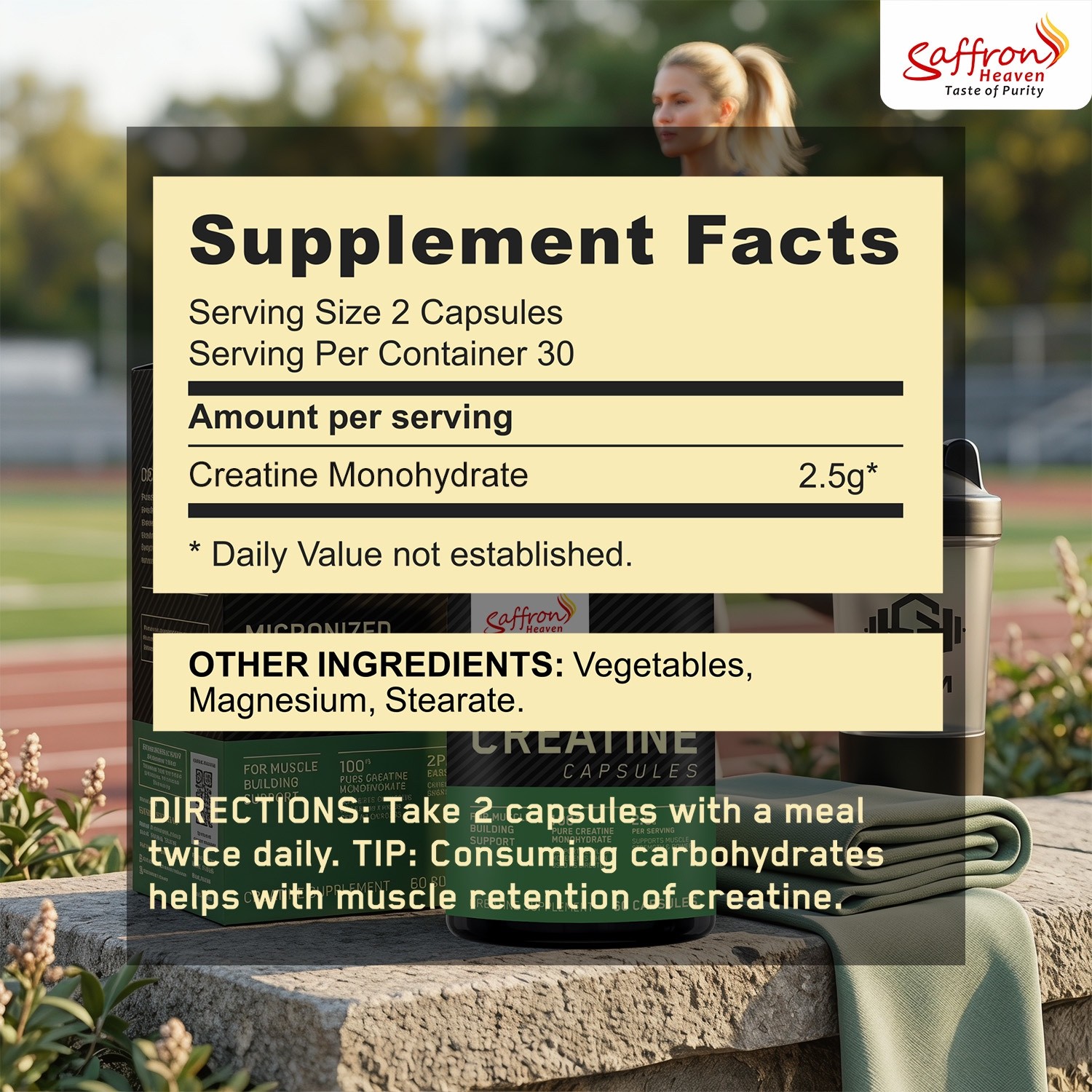 SAFFRON HEAVEN CREATINE MONOHYDRATE CAPSULES 60 COUNT | 100% PURE