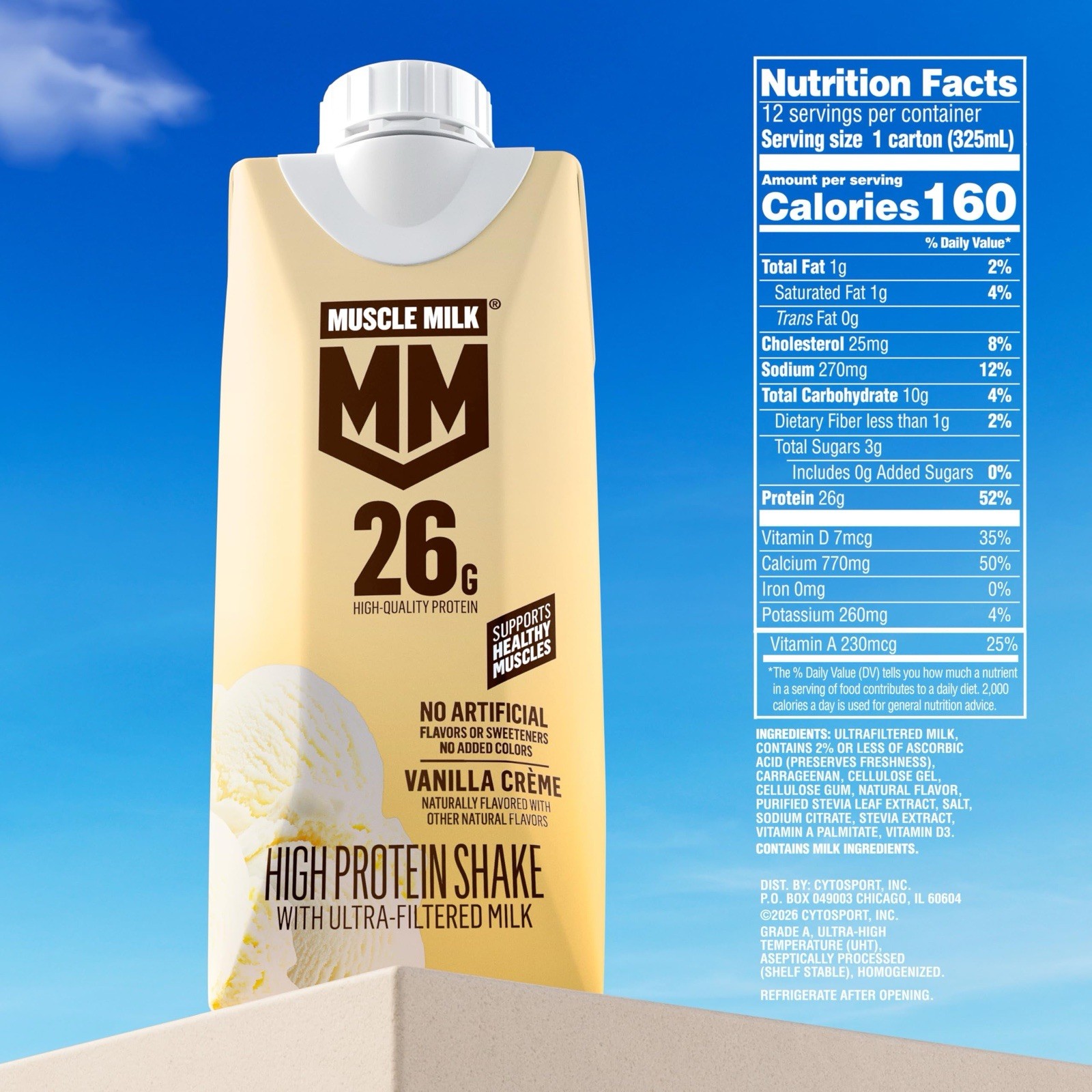 Muscle Milk High Protein Shake, Vanilla Creme 🍨 11 fl oz Cartons, (12 Pack)