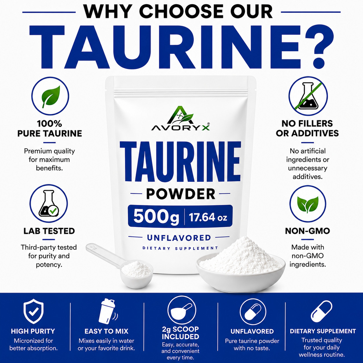AVORYX Taurine Powder 500g (17.64 oz) Unflavored 100% Pure 2g Scoop Included