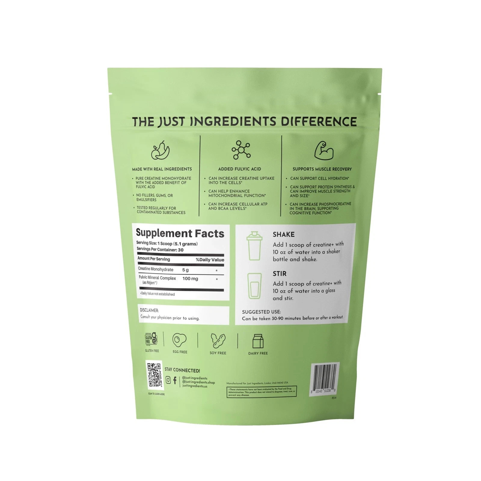 JUST INGREDIENTS Creatine Monohydrate Powder with Rejen Fulvic Mineral Comple…