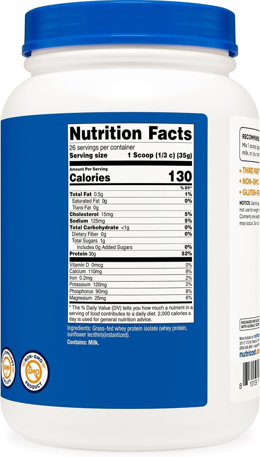 Nutricost Grass-Fed Whey Protein Isolate 2LBS Unflavored Non-GMO Gluten Free