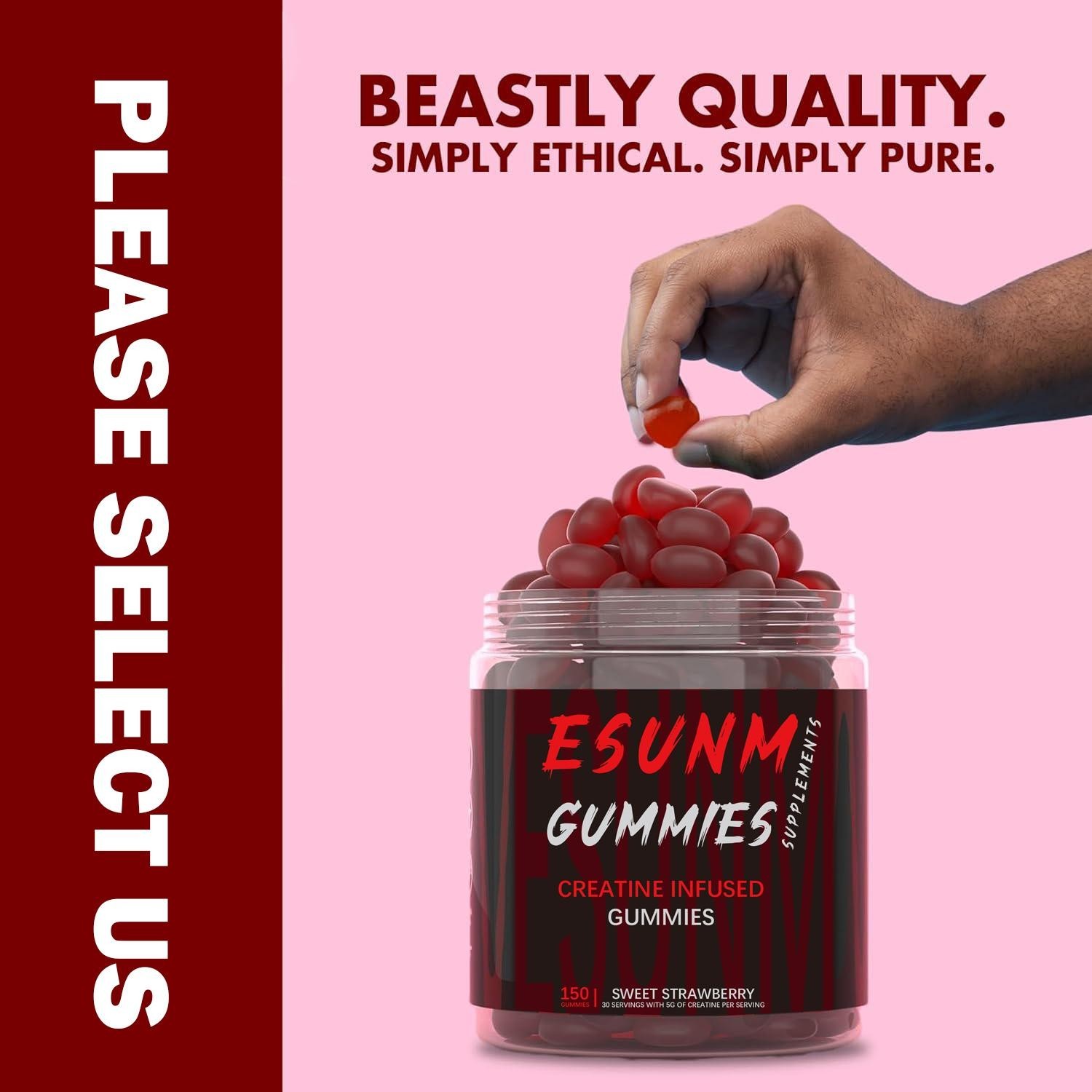ESUNM Creatine Monohydrate Gummies Strawberry 150 Servings Muscle Support