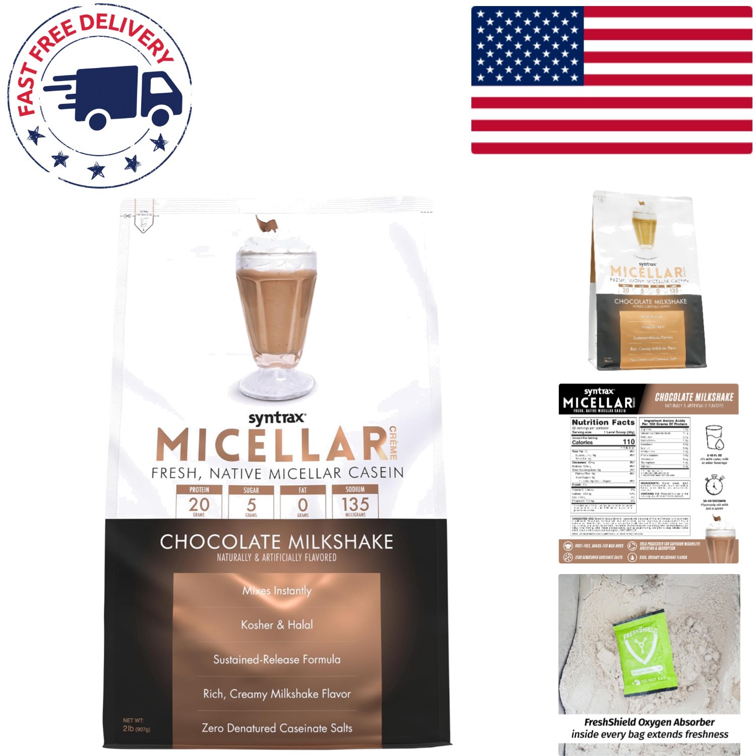 Micellar Casein Cream Supplement, Chocolate Milkshake – 2 lb, Grass-Fed, rBST…