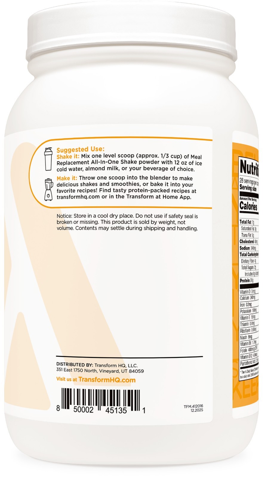 TransformHQ Meal Replacement Shake Powder 28 Servings (Orange Cream)