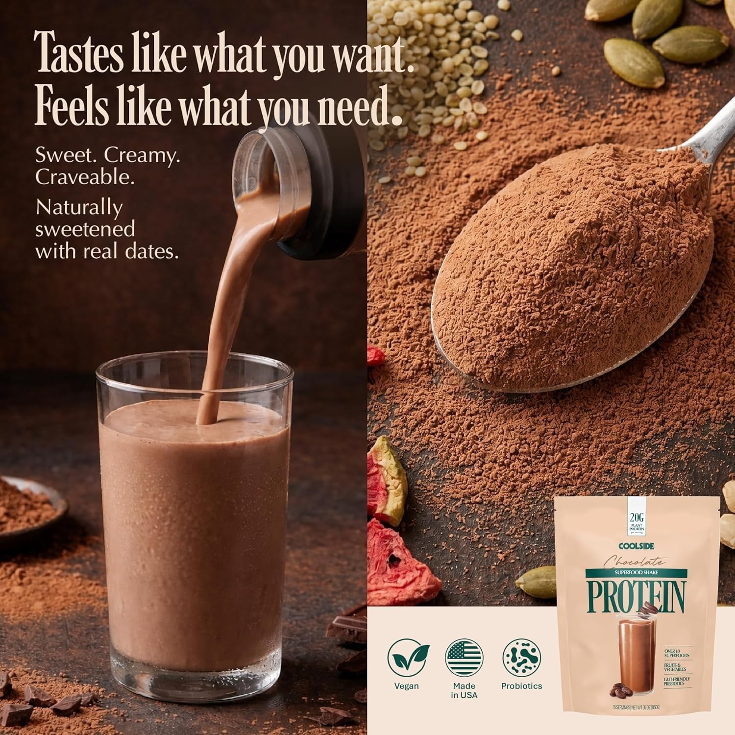 Coolside Superfood Vegan Protein Powder Chocolate 20g Plant Based 15 Servings