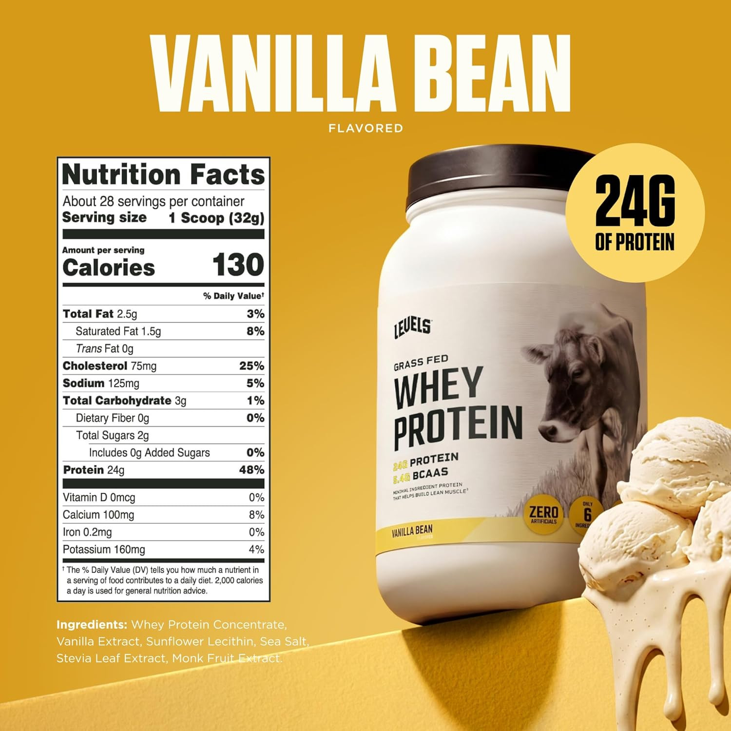 Levels Grass Fed Whey Protein Powder, No Artificials, 24G of Protein, Vanilla Be