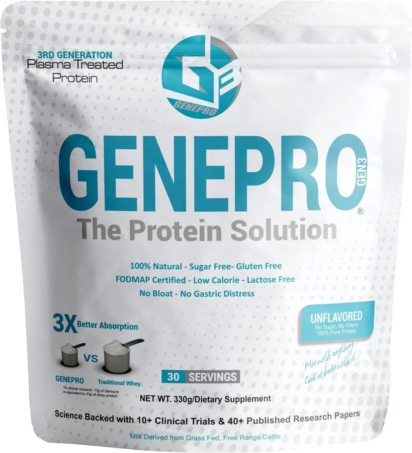 GENEPRO GEN. 3 Unflavored Protein Powder Whey Isolate Supplement 30 servings