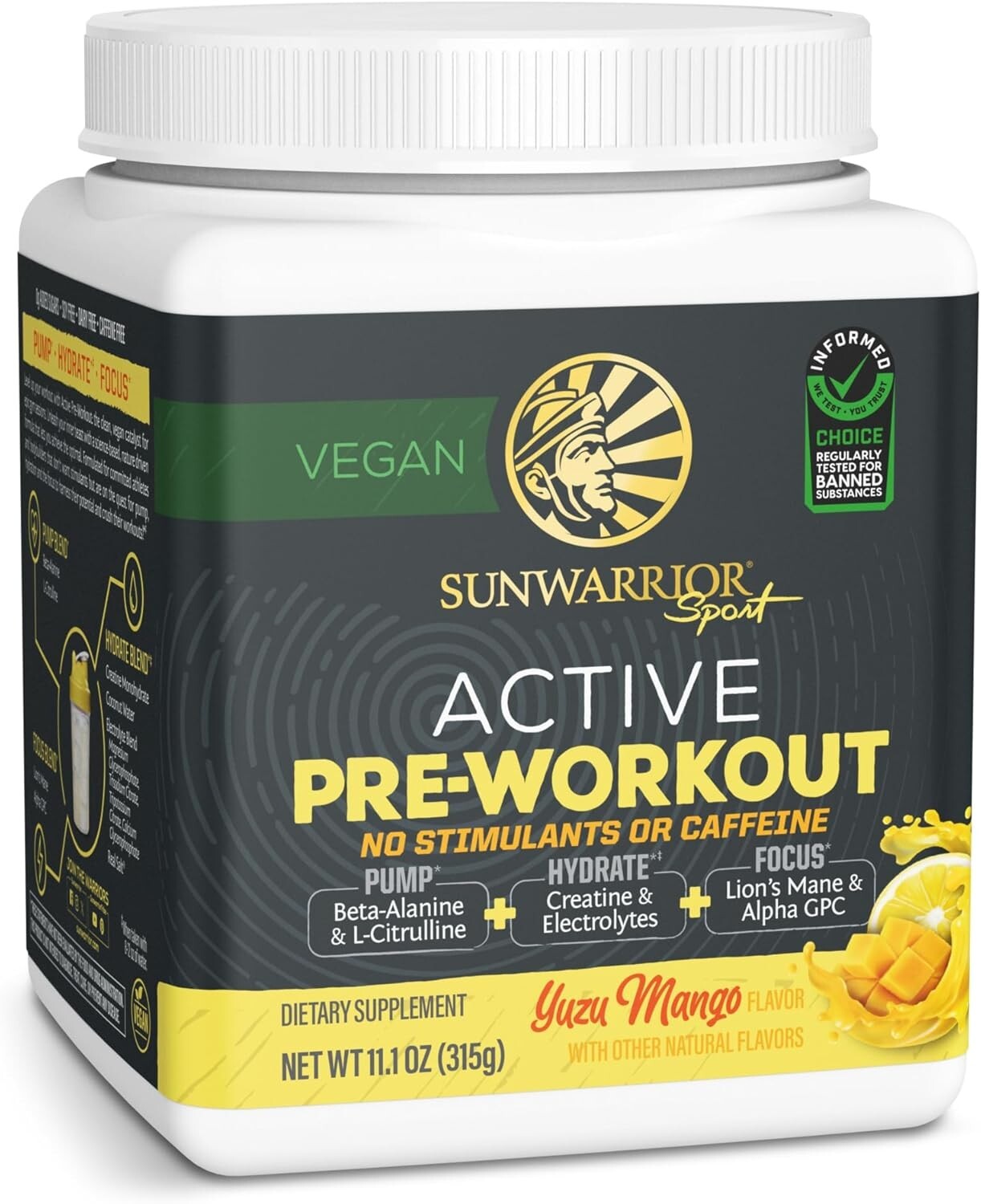 Sunwarrior Pre Workout Powder Energy Drink Non-Stim CaffeineFree Yuzu Mango 315g
