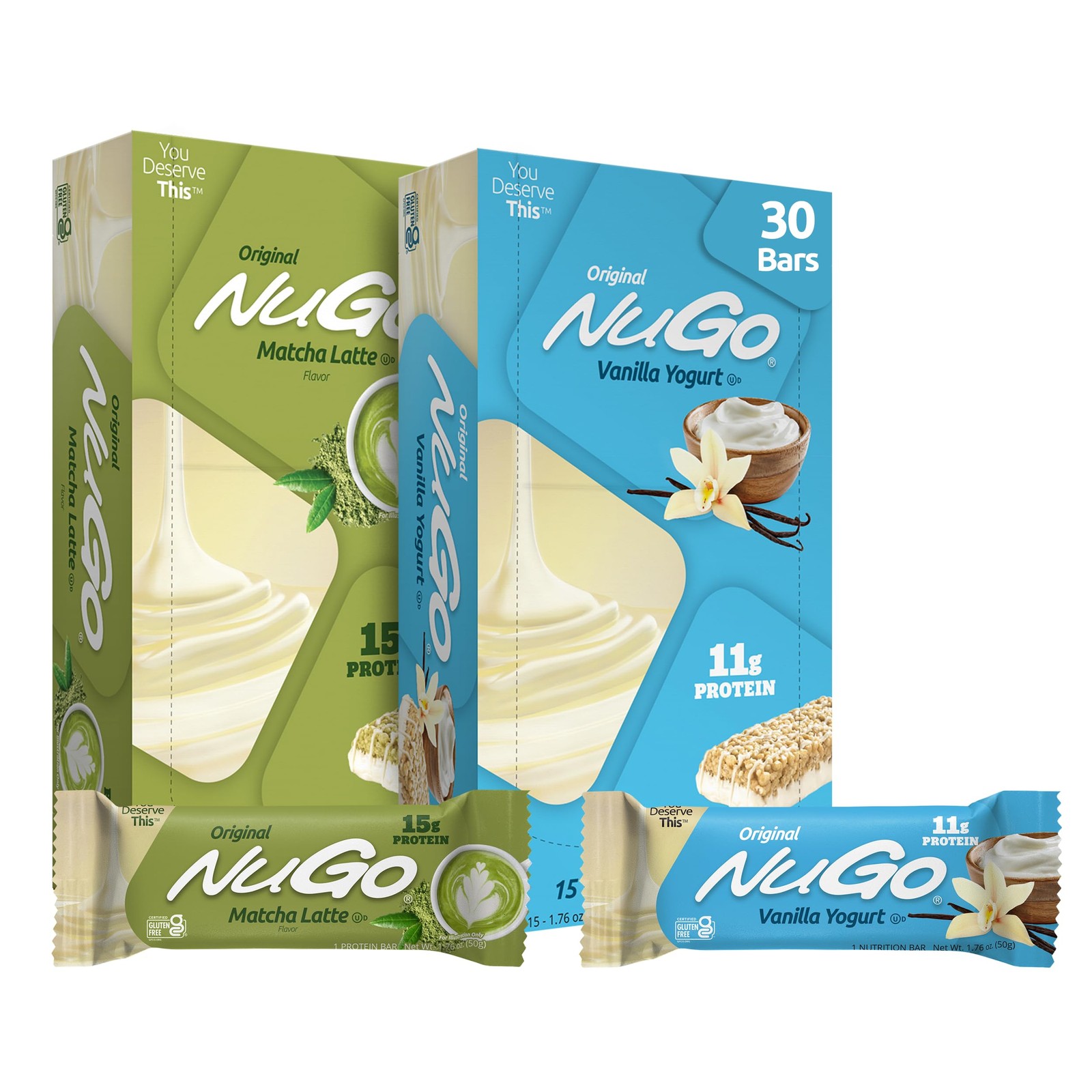 NuGo Original, Vanilla & Matcha, 11-15g Protein Bar, 30 Count (Pack of 1)