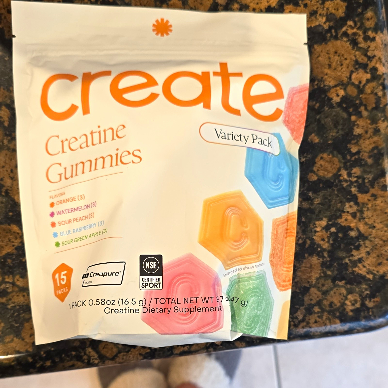 Create Creatine Monohydrate Gummies Variety Pack 15 Packs, 45 Ct, NSF Sport