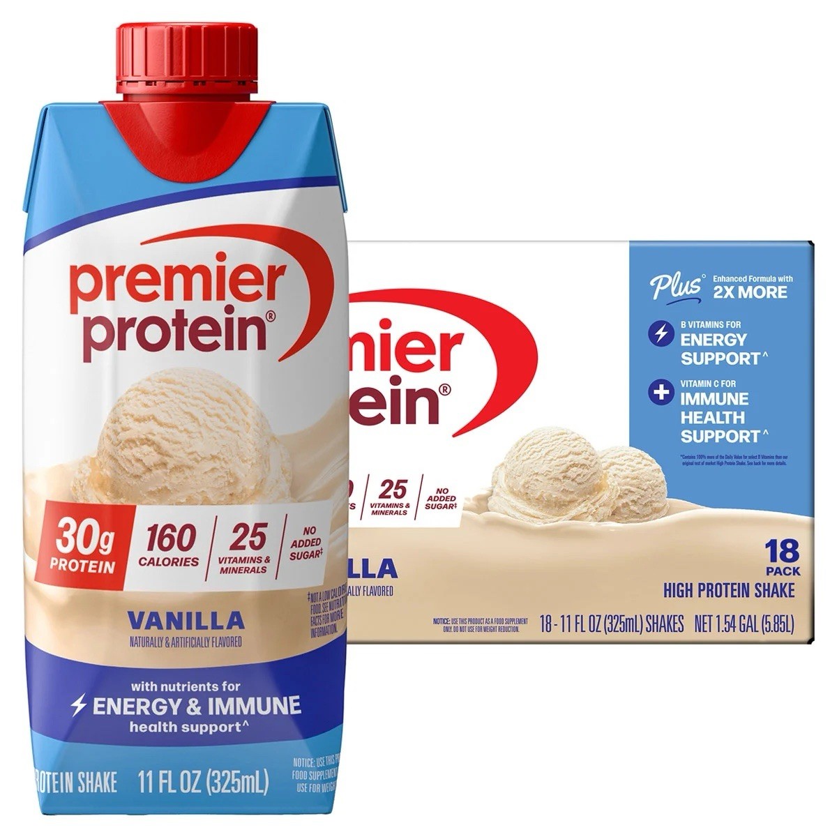 Premier 30g Protein PLUS Energy & Immune Support Shakes,Vanilla,11fl oz, 18-pack