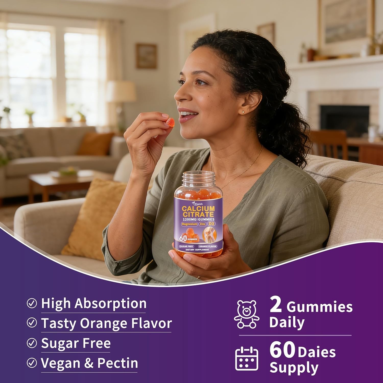 Calcium Citrate 1200 mg Gummies with Vitamin D3 Magnesium Zinc for Women Men