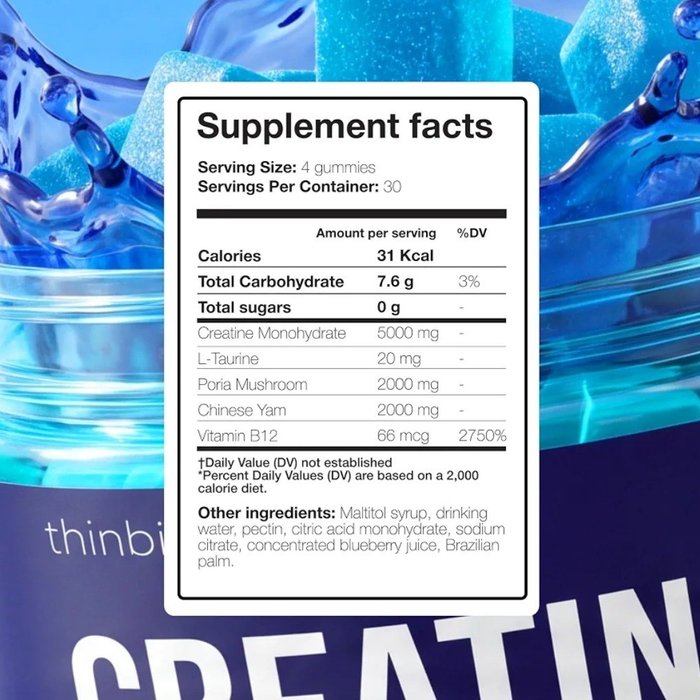 Thinbi Creatine Gummies Men & Women 9020mg 5-in-1 Complex Sugar Free Blueberry