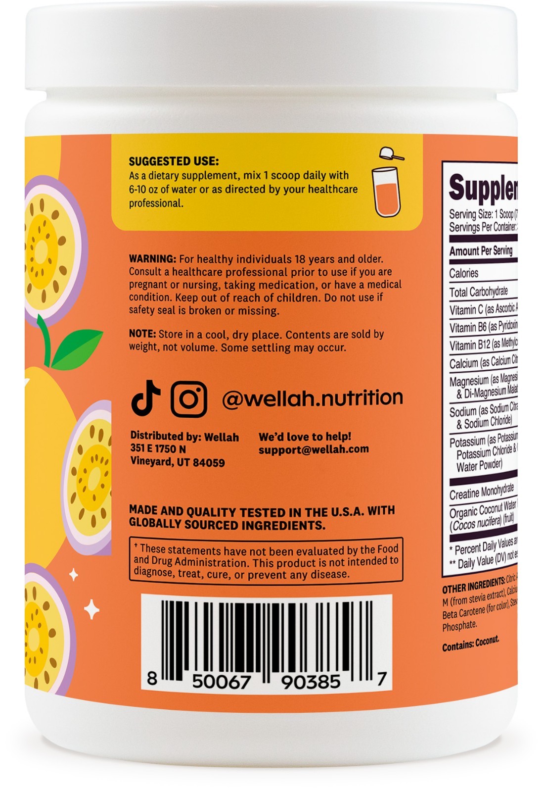 Wellah Creatine + Hydration Powder (Mango Passionfruit) 30 Servings – Drink Mix