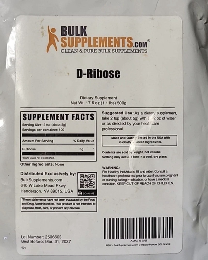 BulkSupplements D-Ribose Powder 17.6oz – 5000 mg Per Serving – 100 serving size