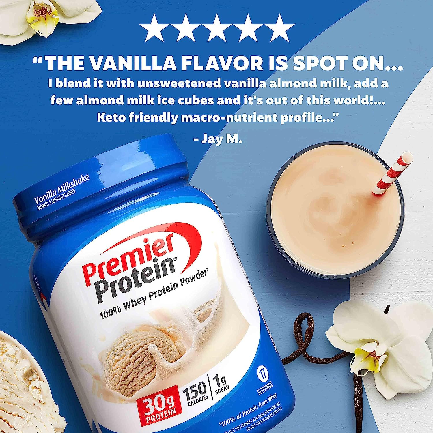 Premier Protein 100% Whey Protein Powder, Vanilla Milkshake, 30g Protein, 23.3oz
