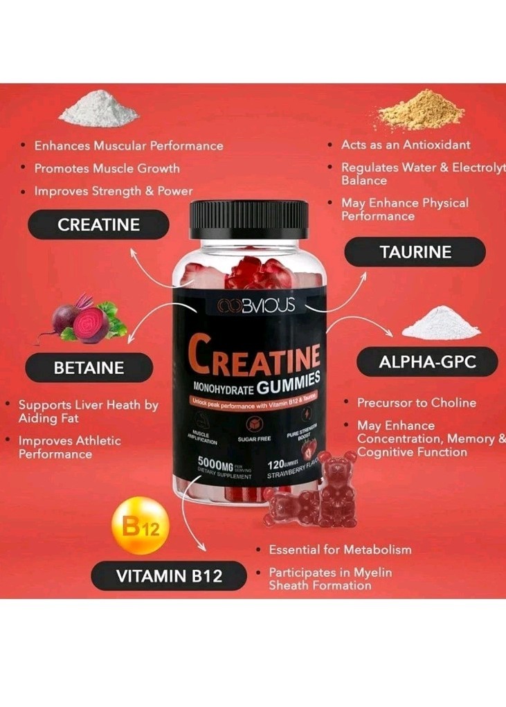 Oobvious Creatine Monohydrate Gummies 5000mg 120 Count Strawberry 2-Pack 5/26