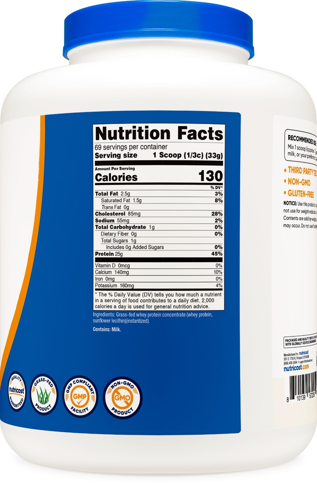 Nutricost Grass-Fed Whey Protein Concentrate (Unflavored) 5LBS