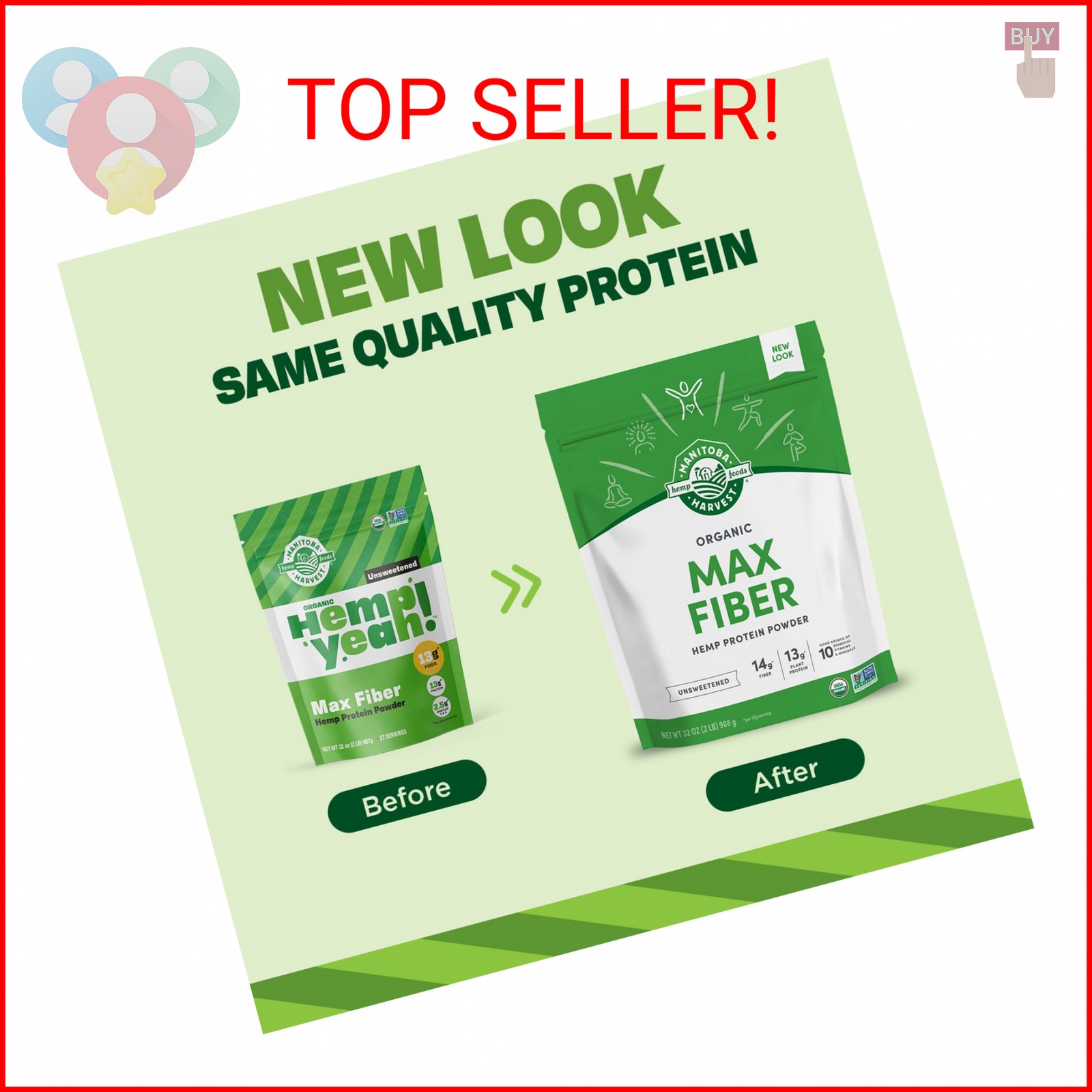 Manitoba Harvest Hemp Yeah Organic Max Fiber Protein Powder, Unsweetened, 32oz,