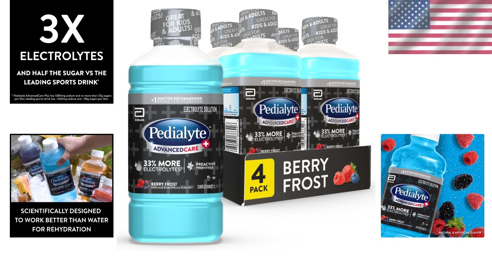 Berry Frost Electrolyte Hydration Drink with Prebiotics, 4 Bottles of 1L Each