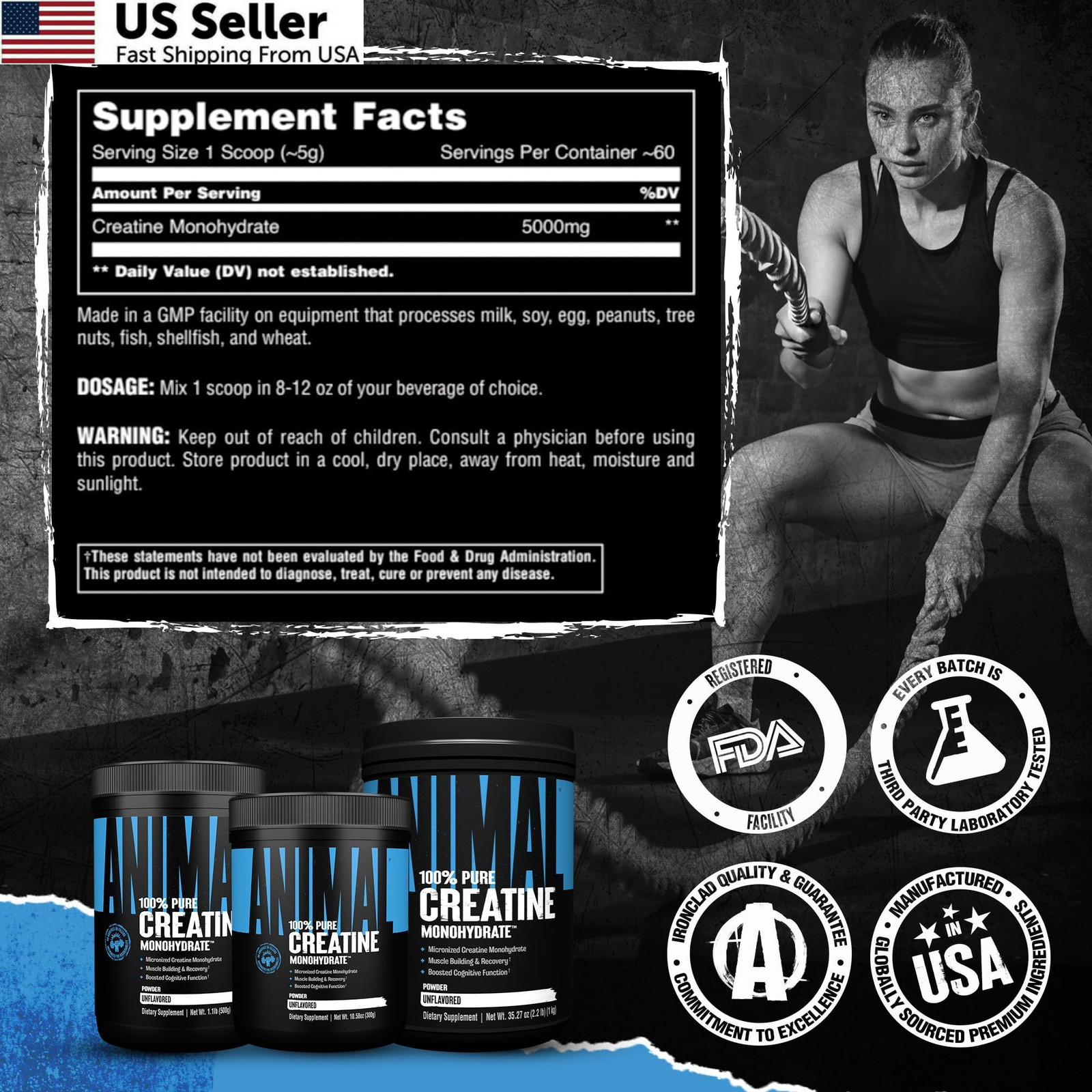 Animal Creatine Monohydrate Powder Micronized Muscle Recovery Unflavored 300g