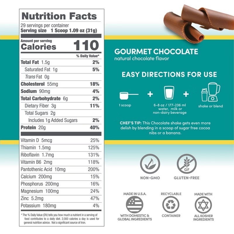 Designer Whey Protein Powder Gourmet Chocolate 32oz Gluten-Free Non-GMO