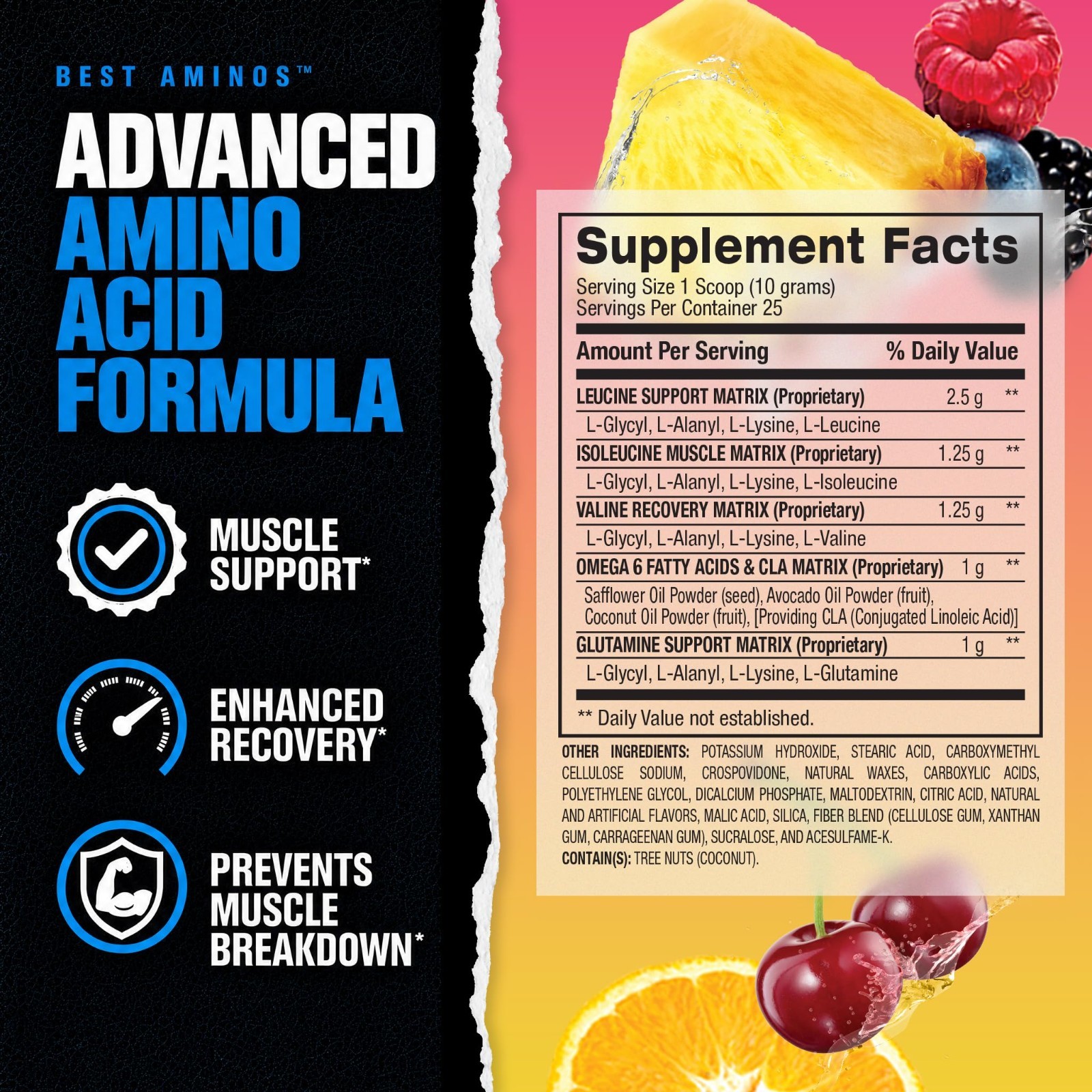 BCAA Powder for Post Workout Recovery – Amino Acids & Glutamine Drink, 25 Servin