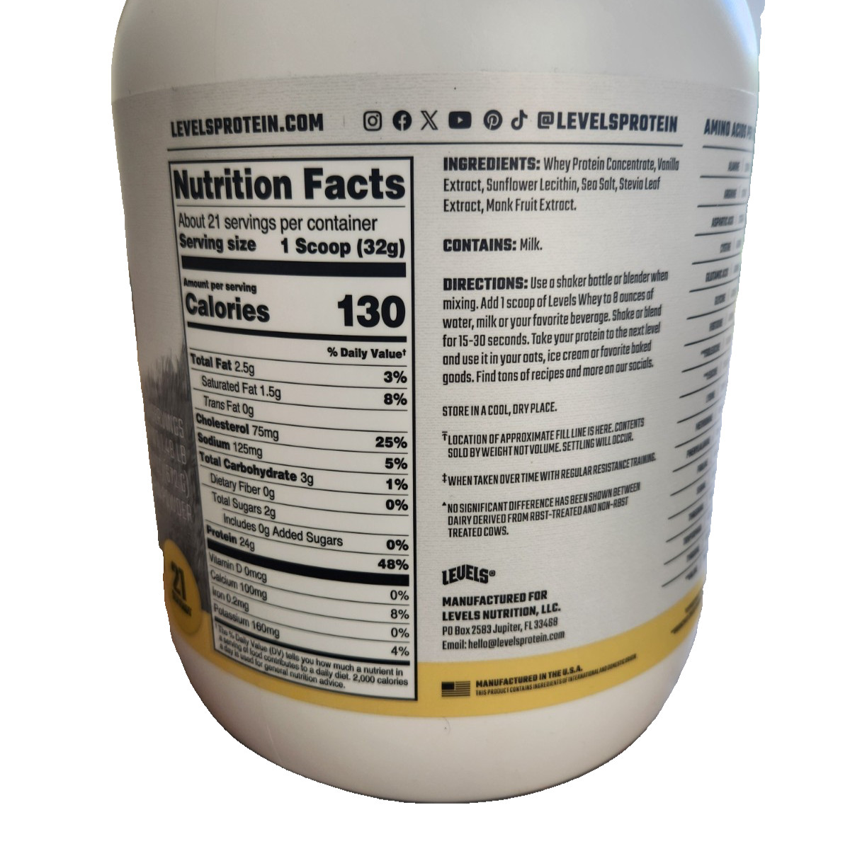 Levels Grass-Fed Whey Protein Powder Vanilla Bean 1.48 lbs 23.7 oz NEW Sealed