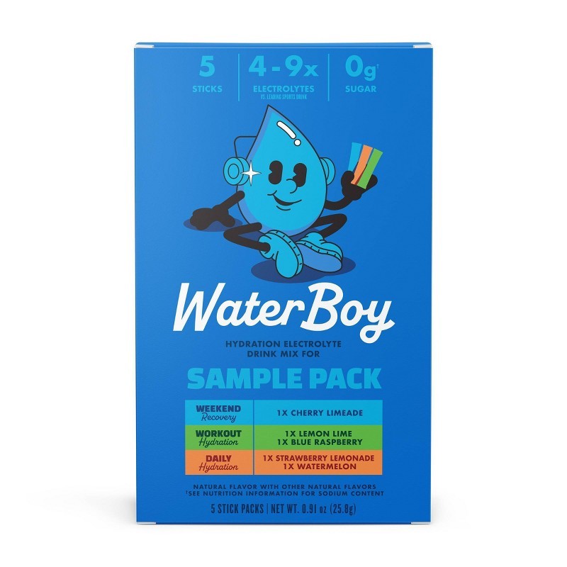 Waterboy Hydration Sports Drink Trial Pack – 0.91oz/5ct, Electrolyte Mix, Vegan