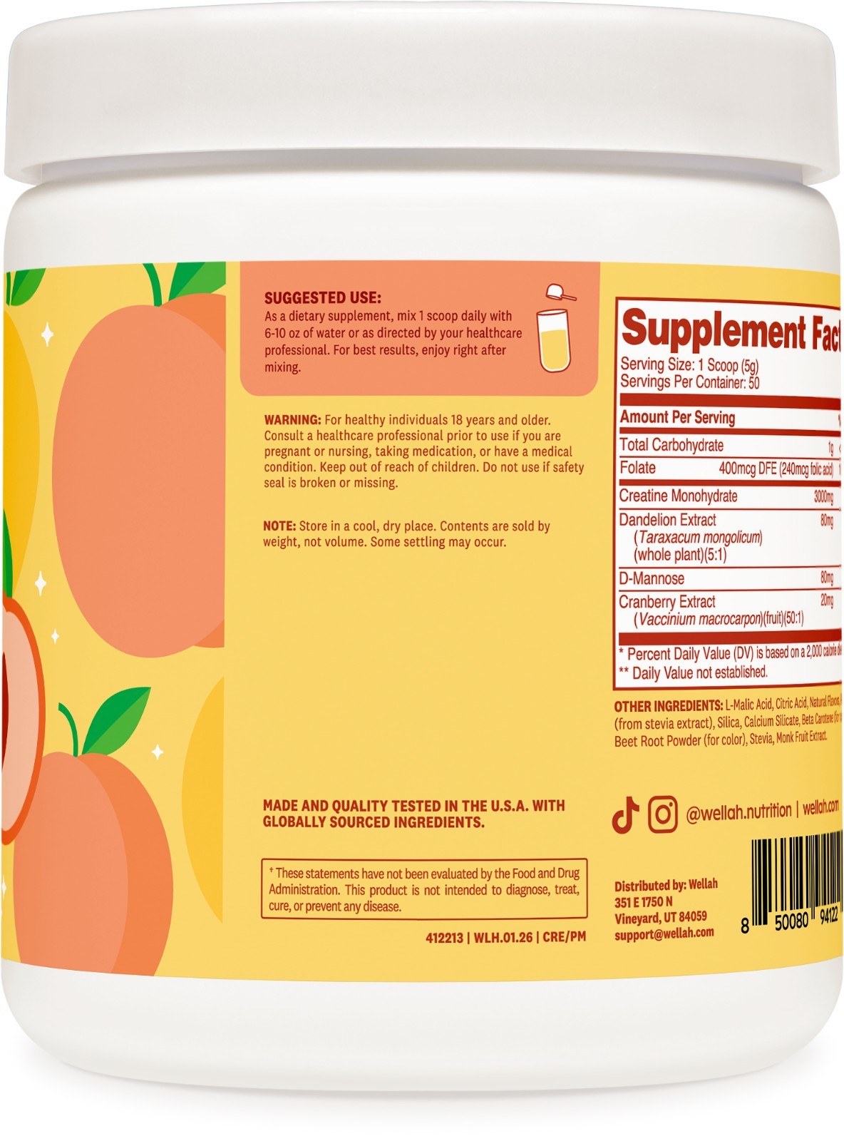 Wellah Creatine for Women – Creatine Monohydrate (50 Servings, Peach Mango)