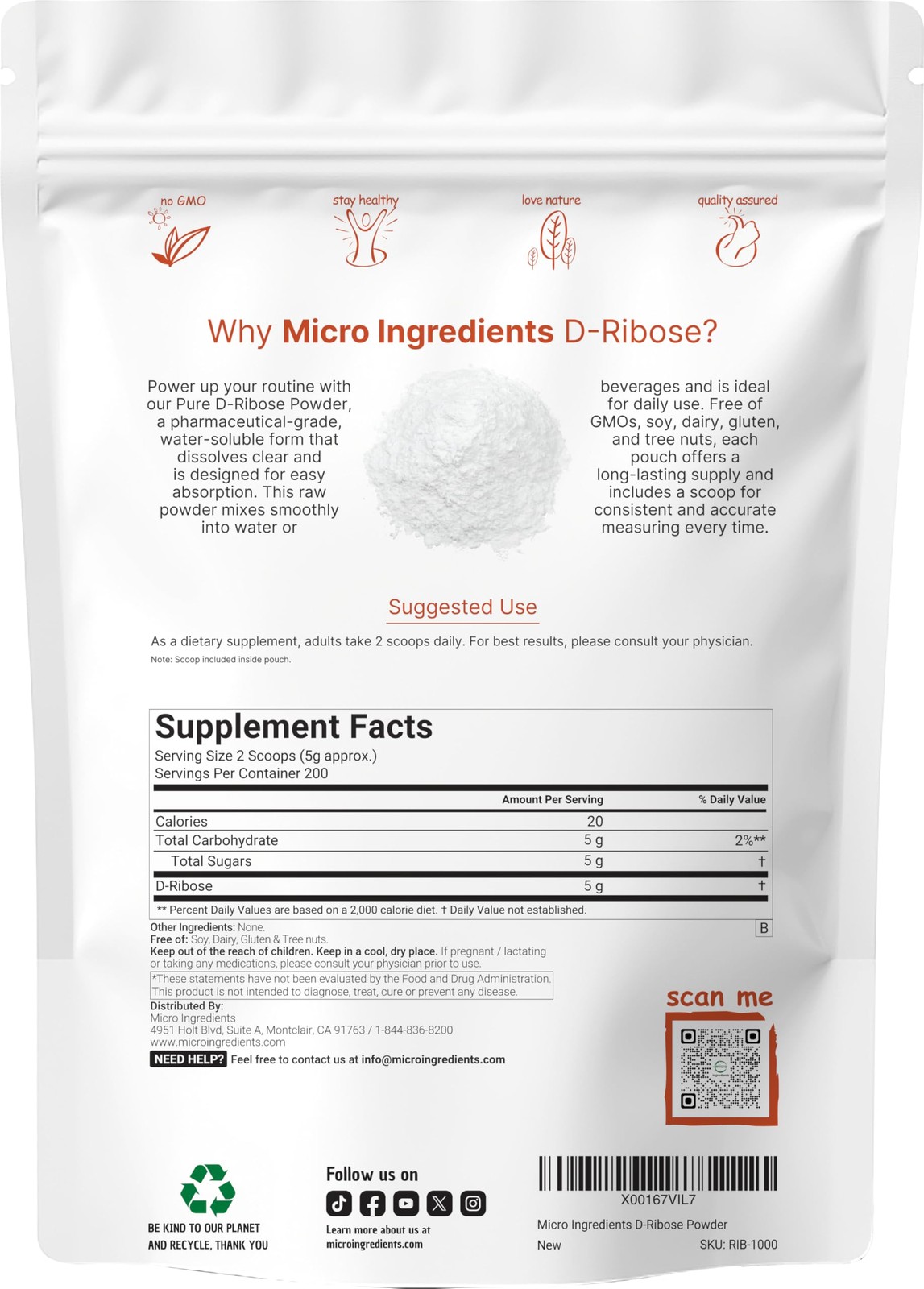 Pure D Ribose Powder, 1 KG (2.2 Pound & 200 Servings) – 2.2 Ounce (Pack of 1)