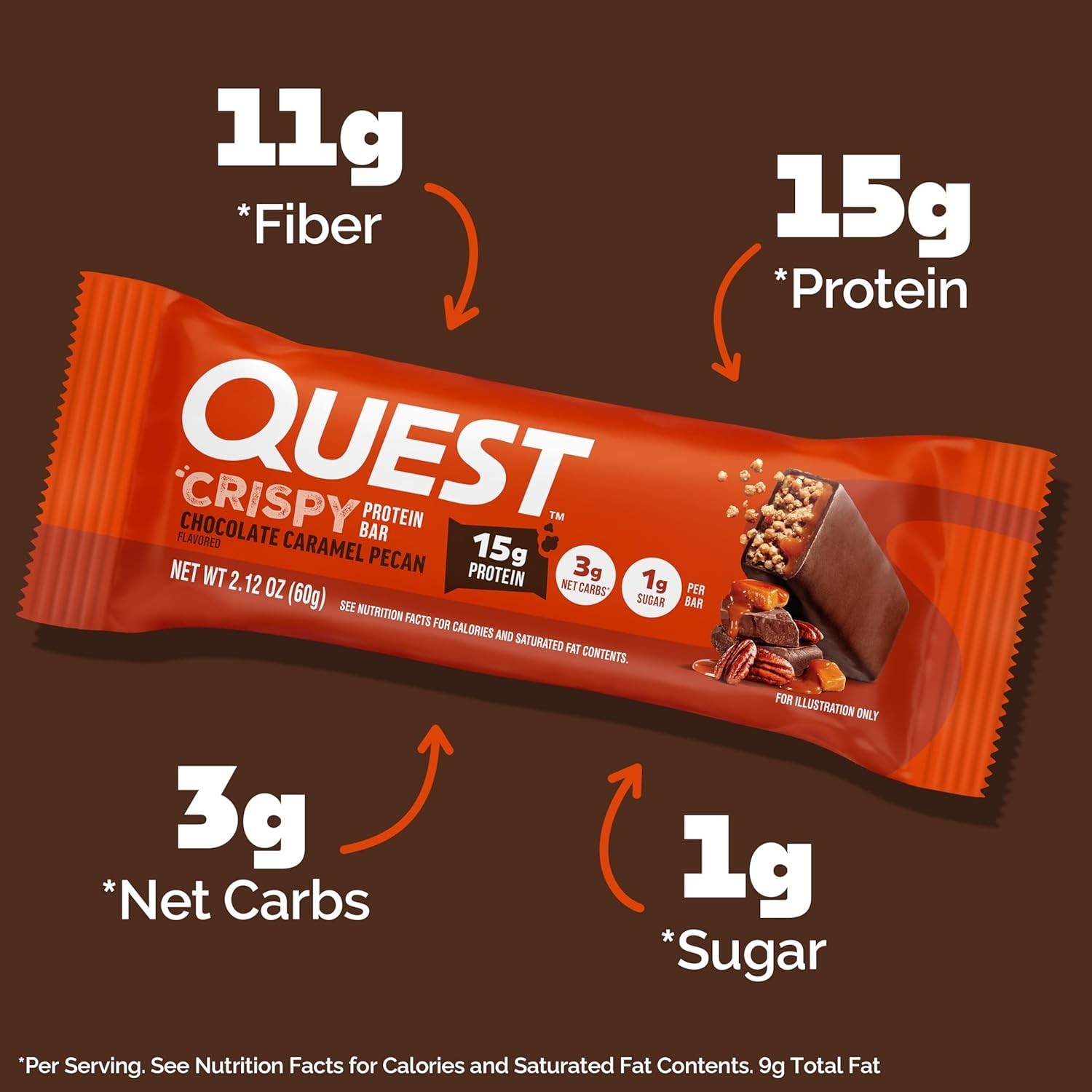 Quest Nutrition Crispy Chocolate Caramel Pecan Hero Protein Bar, 15g Protein, 1g