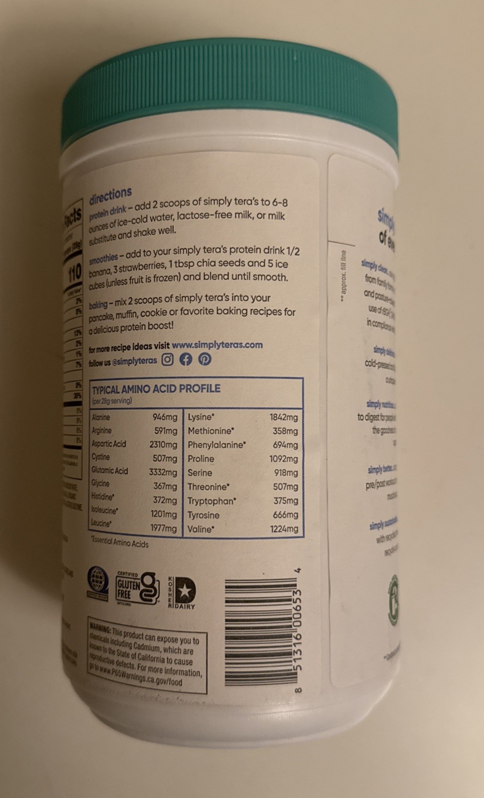 Tera’s Whey Simply Tera’s organic Whey Protein dark chocolate 12oz.(340g)