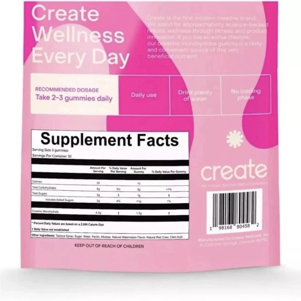 Create Creatine Gummies 90ct 1.5g Vegan Gluten-Free Focus Strength Endurance