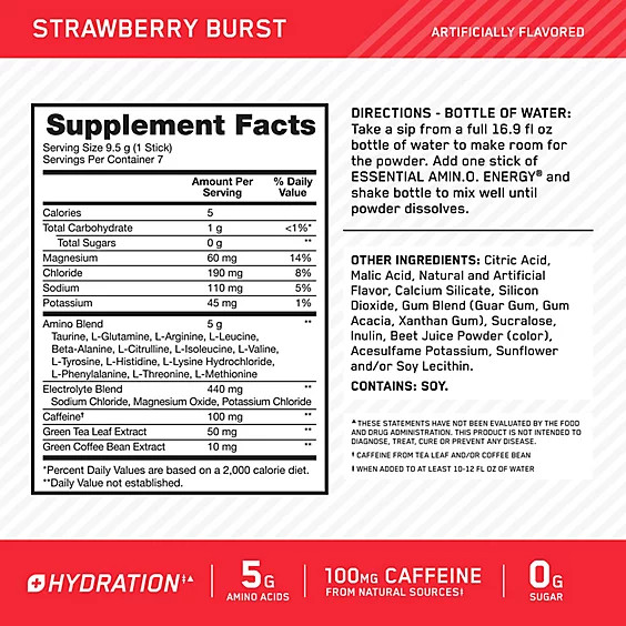 Optimum Nutrition Amino Energy Strawberry Burst Stick Packs 7 Sticks ~ Exp 9/27