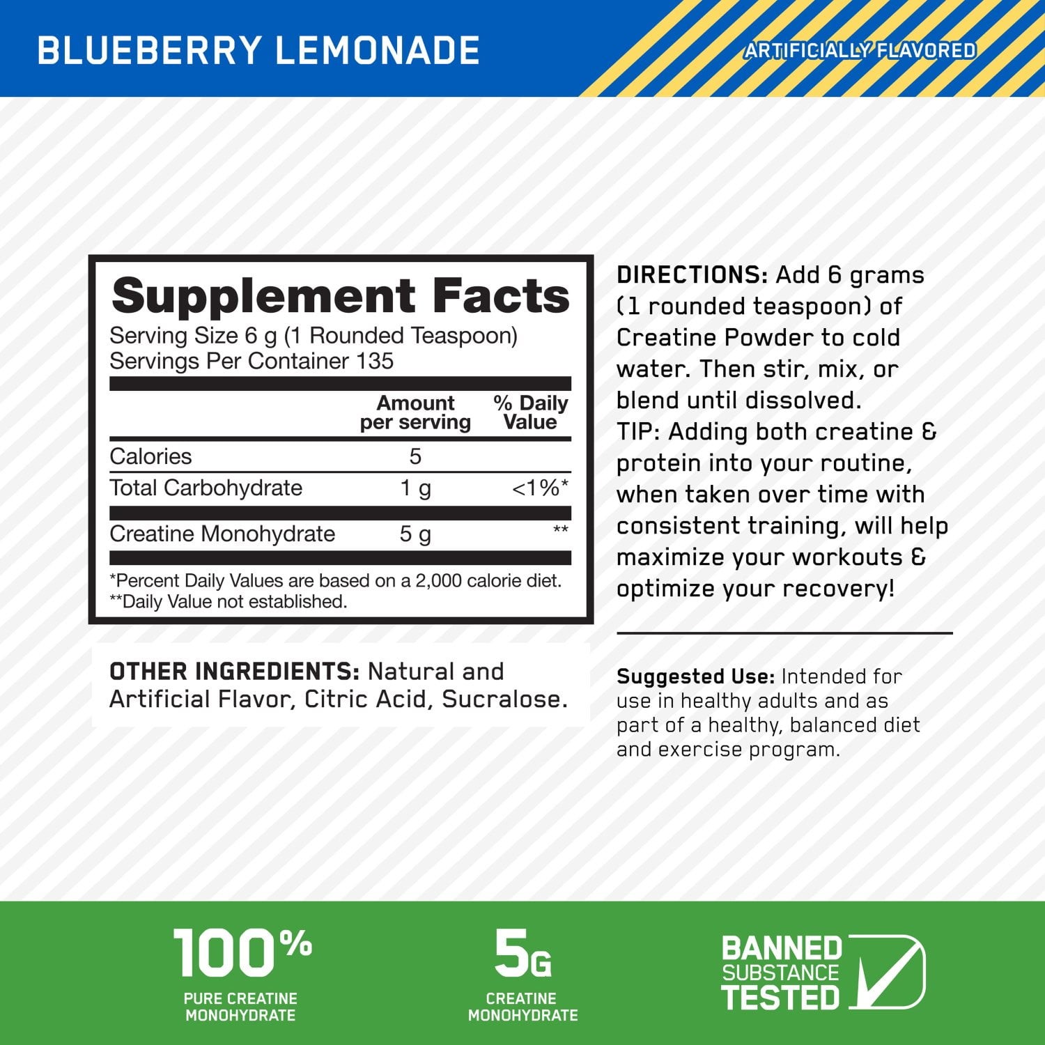 Optimum Nutrition, Micronized Creatine, Blueberry Lemonade, 1.78 lbs.