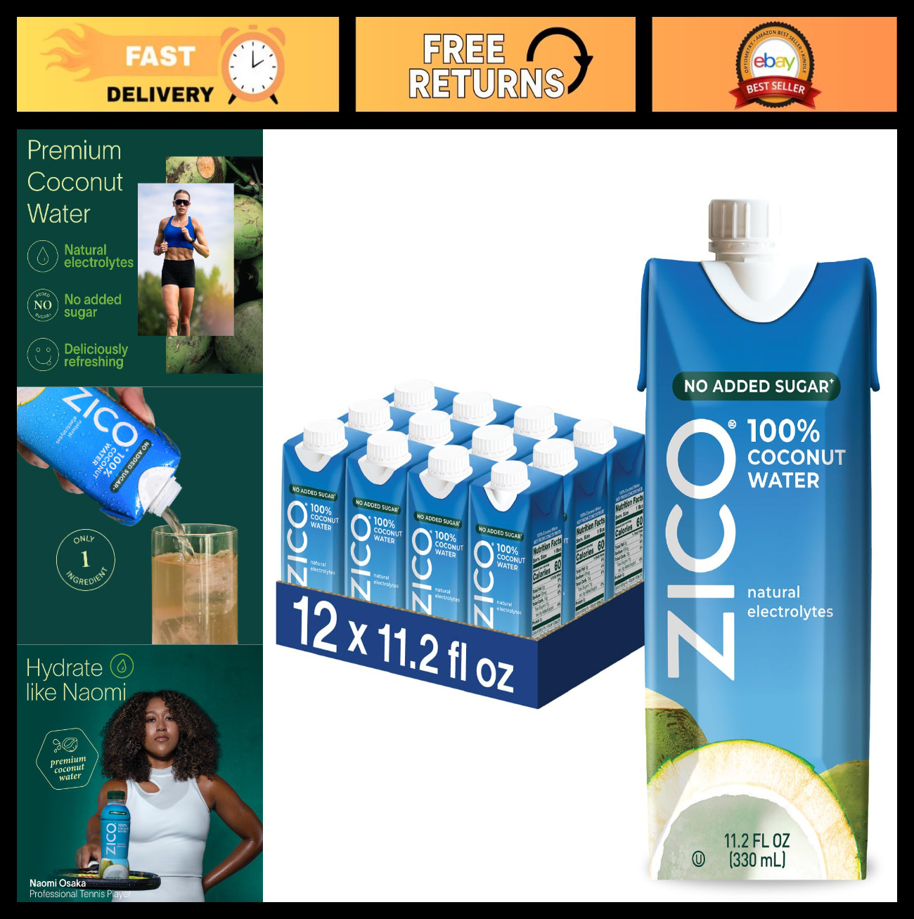 100% Coconut Water – No Added Sugar, Natural Electrolyte Hydration, 11.2 Fl Oz,