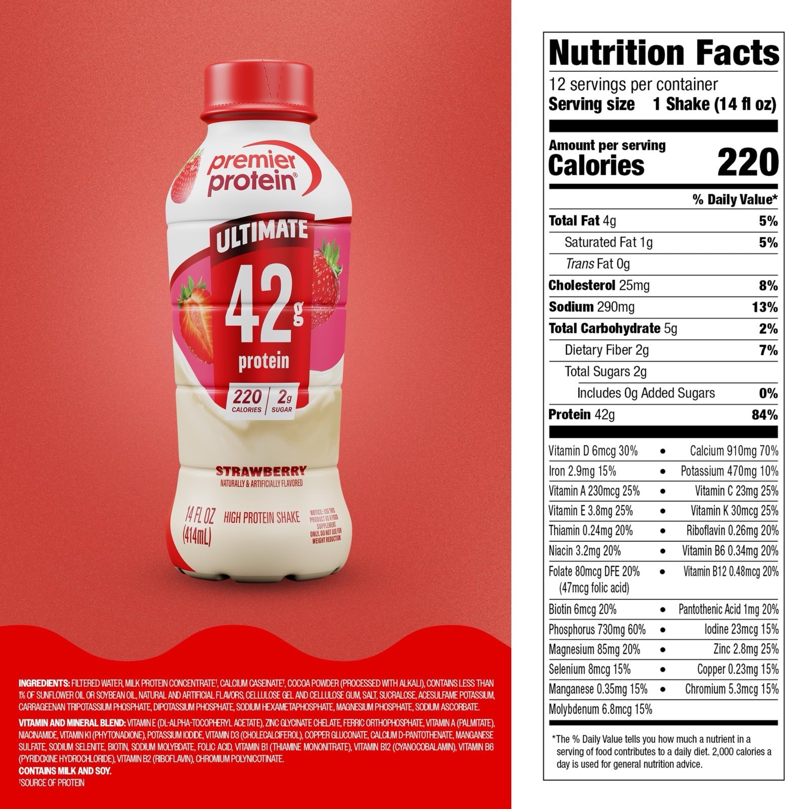 Premier Protein ULTIMATE 42g Protein Shake, Strawberry 🍓 14 Fl Oz, 12 Pack