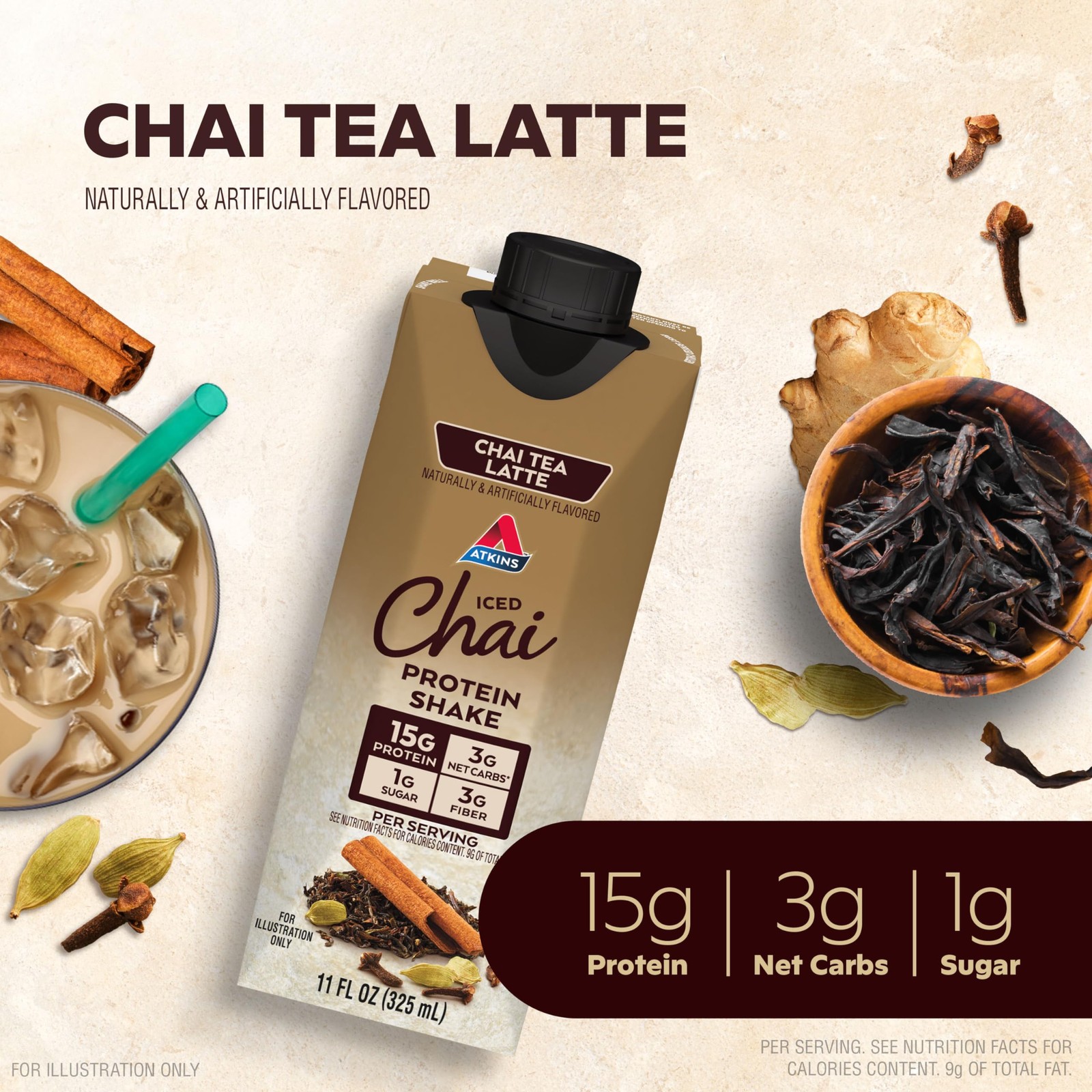 Atkins Chai Tea Latte Protein Shake, 15g Protein, Low Glycemic, 3g Net Carb,…