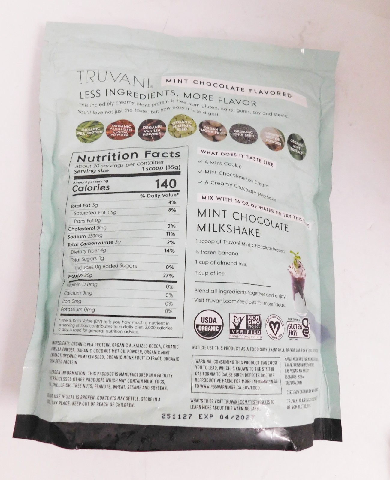 Truvani Vegan Organic Protein Powder Mint Chocolate Plant Based 20 servings 4/27