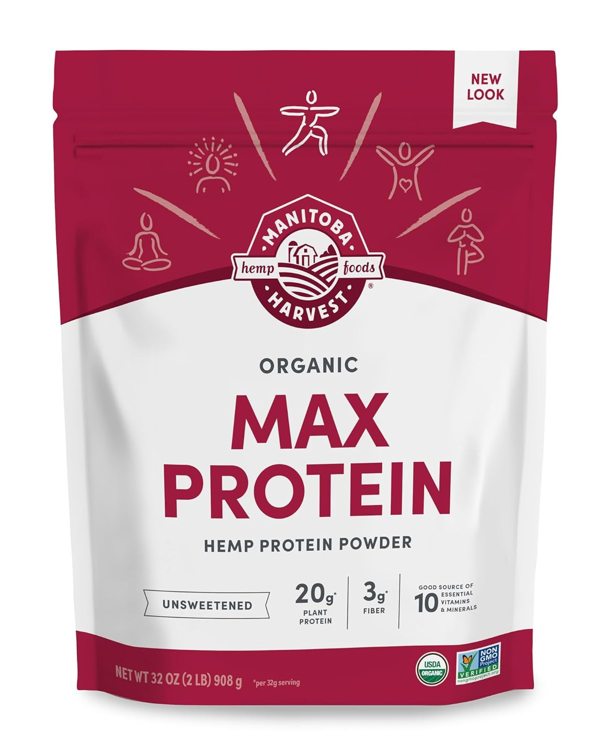 Hemp Yeah Organic Max Protein Powder, Unsweetened, 32Oz, with 20G Protein and 4.