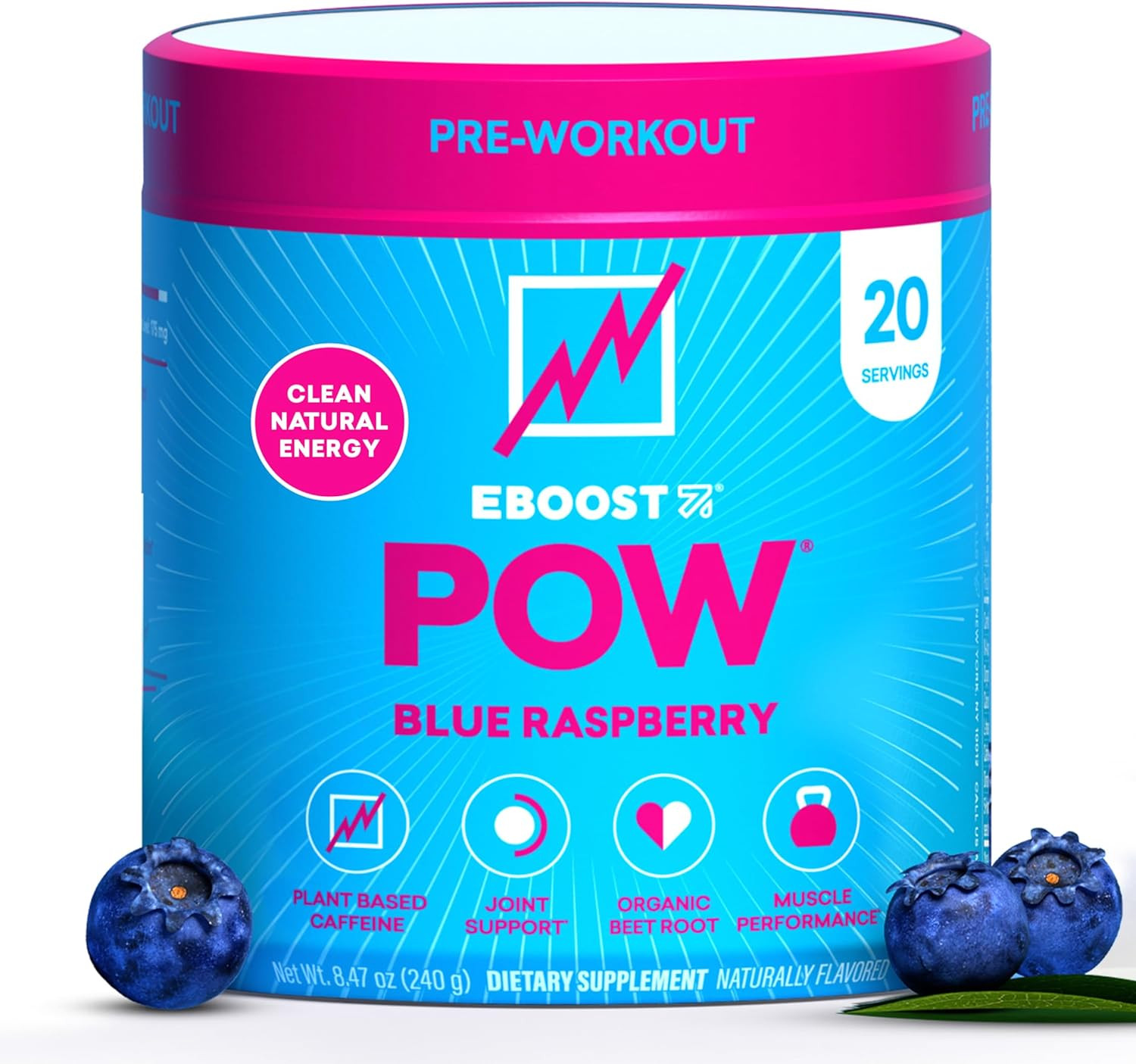 POW Natural Pre Workout Powder – 20 Servings – Blue Raspberry – a Preworkout Sup