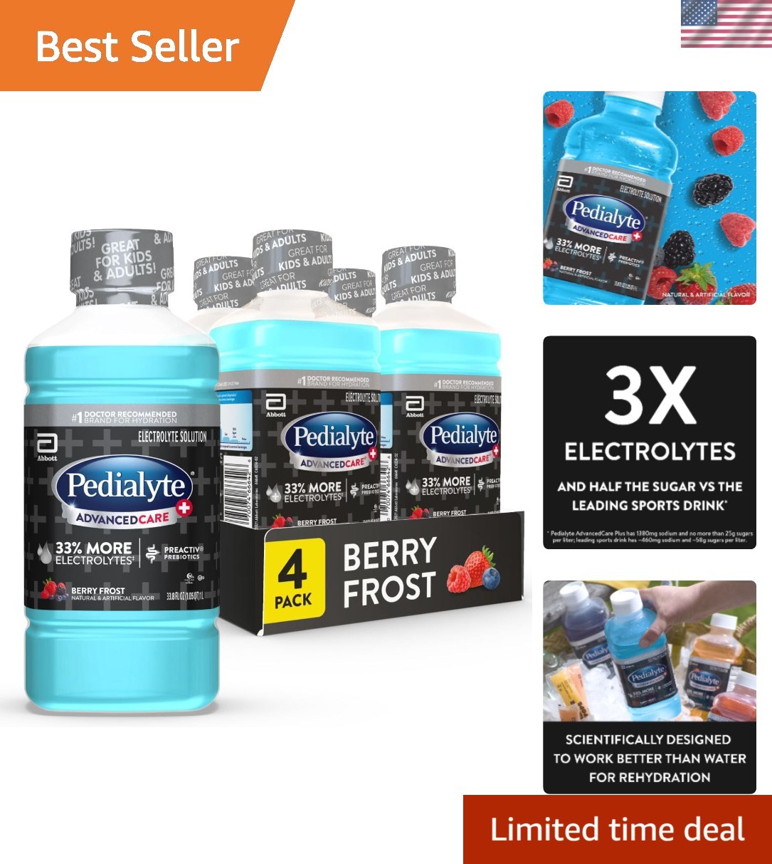 Berry Frost Electrolyte Hydration Drink with Prebiotics, 4 Bottles of 1L Each