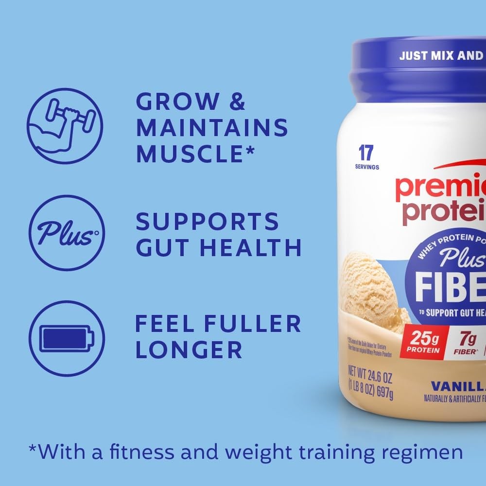 Premier Protein Powder Plus Fiber, Vanilla, 25g Protein, 7g Fiber to Support …