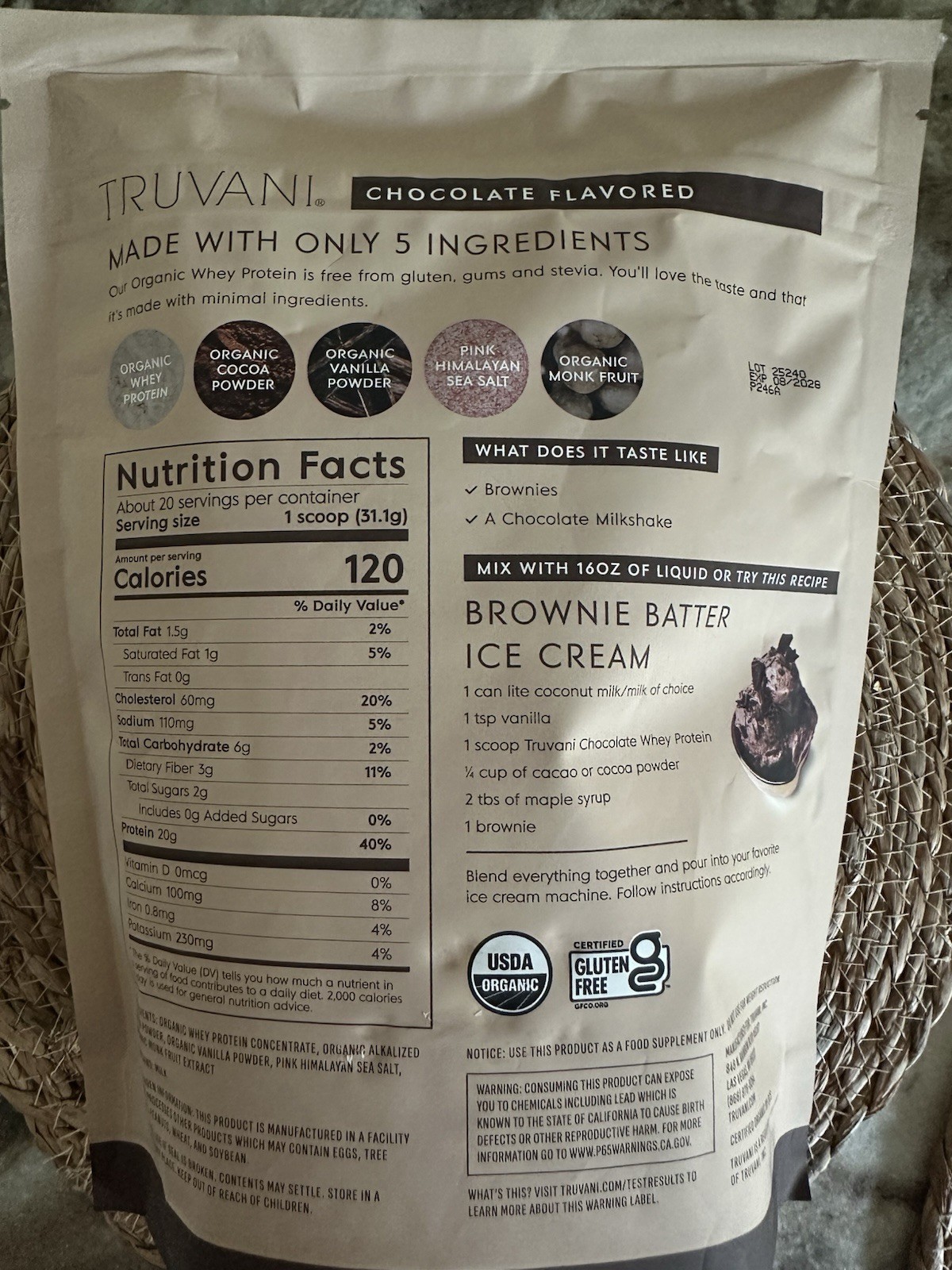 Truvani Organic Whey Protein Powder Chocolate, Grass Fed, 21.94 oz, Exp 2028