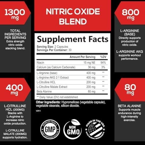 Oxido Nitrico y L-arginina Extra Fuerte Para Aumentar La Energia Muscular 60 Ct