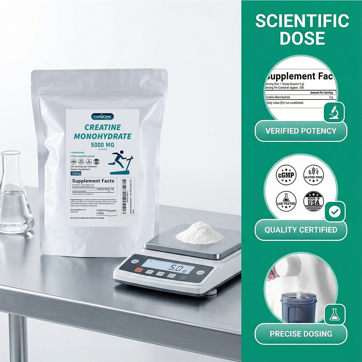 Creatine Monohydrate 100% Pure Powder 1000g (2.2 lb) Micronized 5g 200 Servings